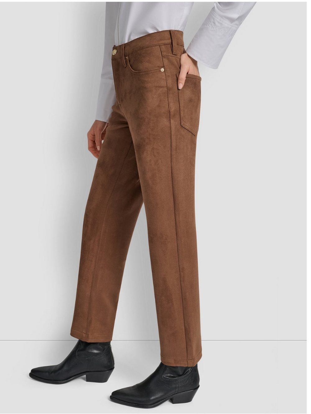 DKNY Women's Mid Rise Straight Suede Pants in Burnt Sugar Brown Polished NWT - Picture 2 of 12